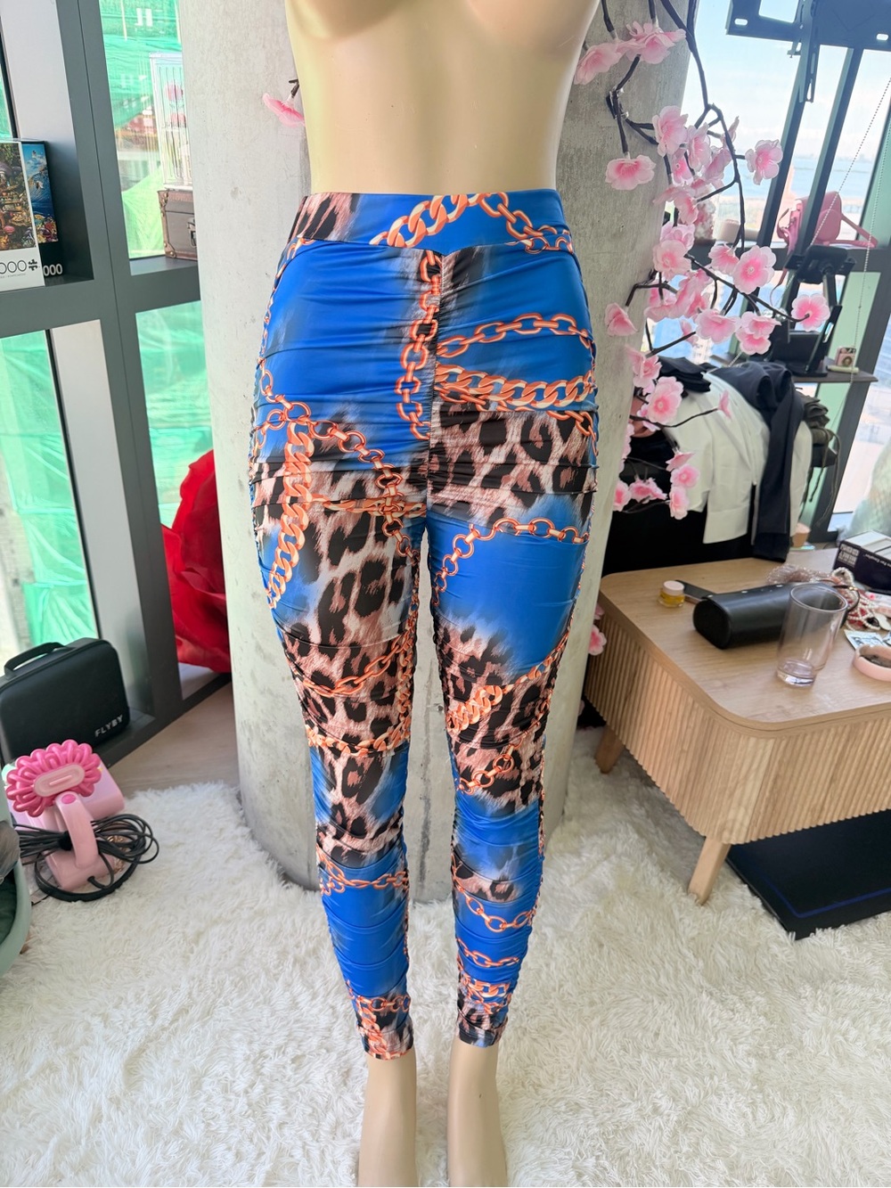 NWT Blue Chain & Leopard Print High-Waist Leggings Size XS